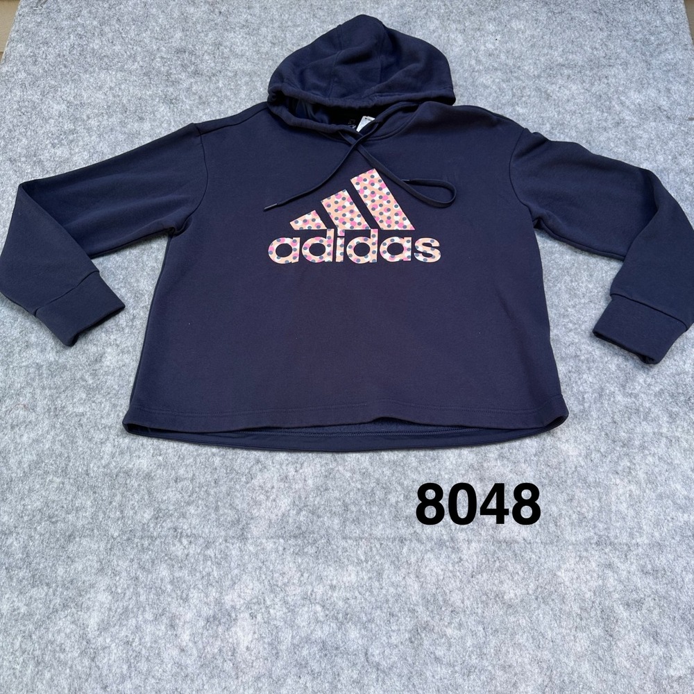 Adidas Womens 1X Navy Blue Polka Dot Logo Fleece Pullover Hoodie H71433